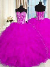  Organza Sweetheart Sleeveless Lace Up Beading and Ruffles 15th Birthday Dress in Fuchsia