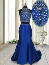  Royal Blue Two Pieces Beading Prom Dress Criss Cross Satin Sleeveless With Train