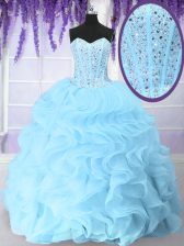 Dynamic Blue Ball Gowns Sweetheart Sleeveless Organza Floor Length Lace Up Beading and Ruffles Sweet 16 Dresses