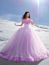 Noble Off the Shoulder Lilac Lace Up 15th Birthday Dress Hand Made Flower Cap Sleeves Court Train