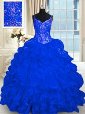 Spectacular Royal Blue Quinceanera Dresses Military Ball and Sweet 16 and Quinceanera with Beading and Embroidery and Ruffles and Pick Ups Spaghetti Straps Sleeveless Brush Train Lace Up