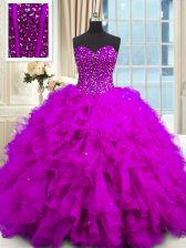 Captivating Sleeveless Floor Length Beading and Ruffles and Sequins Lace Up Sweet 16 Dresses with Purple