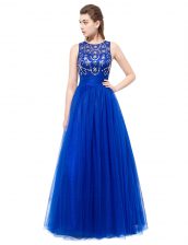 Clearance Scoop Floor Length Backless Prom Dresses Royal Blue for Prom and Party with Beading