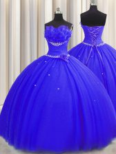 Custom Made Handcrafted Flower Floor Length Royal Blue Quince Ball Gowns Strapless Sleeveless Lace Up