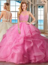 Modern Sleeveless Organza With Brush Train Lace Up 15 Quinceanera Dress in Baby Pink with Beading and Ruffles