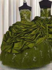 High End Embroidery Olive Green Lace Up Quinceanera Dress Beading and Appliques and Pick Ups Sleeveless Floor Length