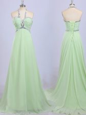 Fashion Halter Top Empire Sleeveless Yellow Green Prom Dress Court Train Zipper