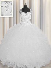  See Through Zipper Up Square Sleeveless 15 Quinceanera Dress Floor Length Beading and Ruffles White Tulle