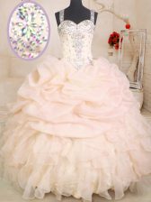 Hot Sale Floor Length Zipper Sweet 16 Dress Pink for Military Ball and Sweet 16 and Quinceanera with Beading and Ruffles and Pick Ups