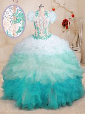  With Train Multi-color Vestidos de Quinceanera Organza Brush Train Sleeveless Beading and Appliques and Ruffles