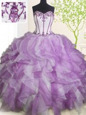  Floor Length Lace Up Sweet 16 Quinceanera Dress White And Purple for Military Ball and Sweet 16 and Quinceanera with Beading and Ruffles