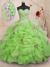  Sweetheart Sleeveless Organza Ball Gown Prom Dress Beading and Ruffles Brush Train Lace Up