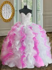  White and Pink Ball Gowns Beading and Ruffles Quinceanera Gowns Lace Up Organza Sleeveless Floor Length
