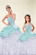 Elegant Sweetheart Sleeveless Ball Gown Prom Dress Floor Length Ruffled Layers Aqua Blue Organza and Taffeta