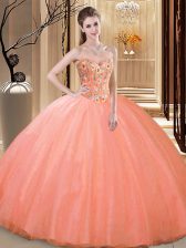Free and Easy Peach Sleeveless Embroidery Floor Length Quinceanera Dresses