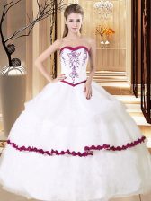  Sleeveless Floor Length Embroidery and Ruffled Layers Lace Up Vestidos de Quinceanera with White