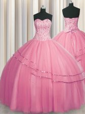  Visible Boning Big Puffy Rose Pink Sleeveless Beading Floor Length Quince Ball Gowns