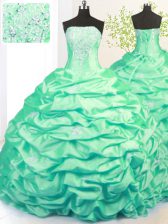  Turquoise Taffeta Side Zipper Strapless Sleeveless With Train Quinceanera Gowns Sweep Train Beading and Pick Ups