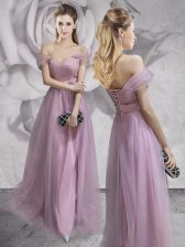  Off the Shoulder Lavender Sleeveless Lace and Ruching and Bowknot and Hand Made Flower Floor Length Prom Gown