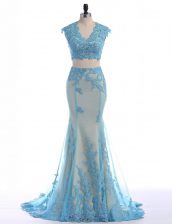  Mermaid Sleeveless Brush Train Lace Zipper Prom Dress