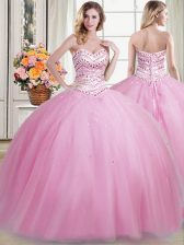 Gorgeous Floor Length Rose Pink Quinceanera Dresses Tulle Sleeveless Beading