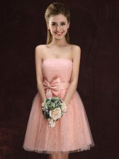 Luxury Peach A-line Lace and Bowknot Quinceanera Court of Honor Dress Lace Up Tulle and Lace Sleeveless Mini Length