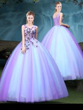Ideal V-neck Sleeveless Quinceanera Dresses Floor Length Appliques Blue and Lilac Tulle