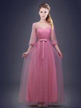  Pink Tulle Lace Up Vestidos de Damas Half Sleeves Floor Length Ruching and Bowknot