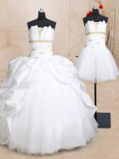 Flare Three Piece White Taffeta and Tulle Lace Up Strapless Sleeveless Floor Length Quinceanera Gown Beading and Pick Ups
