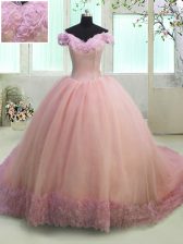  Off the Shoulder Short Sleeves Court Train Hand Made Flower Lace Up Sweet 16 Quinceanera Dress