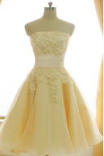 Hot Selling Strapless Sleeveless Satin and Chiffon Homecoming Dress Appliques and Hand Made Flower Zipper
