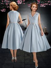 Fancy Tea Length Light Blue Prom Dress V-neck Sleeveless Zipper