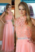  Pink High-neck Zipper Beading and Lace Prom Dresses Sleeveless