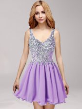 Sexy Lavender Side Zipper Straps Beading and Ruffles Homecoming Dress Chiffon Sleeveless