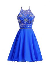  Royal Blue A-line Chiffon Halter Top Sleeveless Beading Knee Length Zipper Homecoming Dress