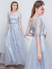 Sweet Scoop Short Sleeves Grey Half Sleeves Tulle Lace Up Vestidos de Damas for Prom and Party and Wedding Party