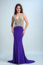 Adorable Floor Length Backless Prom Party Dress Purple for Prom and Party with Beading