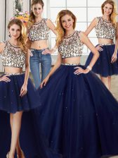  Four Piece Scoop Beading Quinceanera Dresses Navy Blue Backless Cap Sleeves With Brush Train