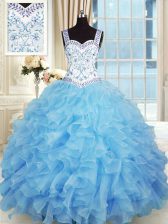 Affordable Baby Blue Sweetheart Lace Up Beading and Appliques and Ruffles Quinceanera Gowns Sleeveless