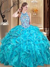  Scoop Backless Teal Sleeveless Embroidery and Ruffles Floor Length Sweet 16 Quinceanera Dress