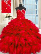  Red Sleeveless Beading and Ruffles Floor Length Quinceanera Gown