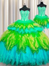 Customized Three Piece Visible Boning Multi-color Tulle Lace Up Sweetheart Sleeveless Floor Length Quinceanera Dresses Beading and Ruffles and Ruffled Layers and Sequins