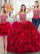  Three Piece Red Sleeveless Organza Brush Train Lace Up Quinceanera Dress for Military Ball and Sweet 16 and Quinceanera