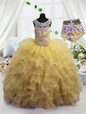  Light Yellow Ball Gowns Organza Scoop Sleeveless Beading and Ruffled Layers Floor Length Lace Up Party Dress Wholesale