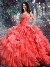 Clearance Coral Red Sleeveless Beading and Ruffles Floor Length Quinceanera Gowns