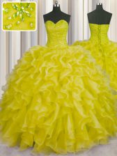  Yellow Lace Up 15th Birthday Dress Beading and Ruffles Sleeveless Floor Length