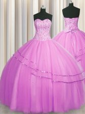  Visible Boning Really Puffy Lilac Ball Gowns Tulle Sweetheart Sleeveless Beading Floor Length Lace Up Ball Gown Prom Dress