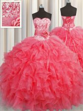 Discount Handcrafted Flower Floor Length Lace Up Quinceanera Dress Coral Red for Military Ball and Sweet 16 and Quinceanera with Ruffles and Hand Made Flower