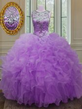 Gorgeous Lilac Lace Up Scoop Beading and Ruffles 15 Quinceanera Dress Organza Sleeveless