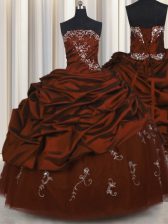  Pick Ups Embroidery Ball Gowns Quince Ball Gowns Burgundy Strapless Taffeta Sleeveless Floor Length Lace Up